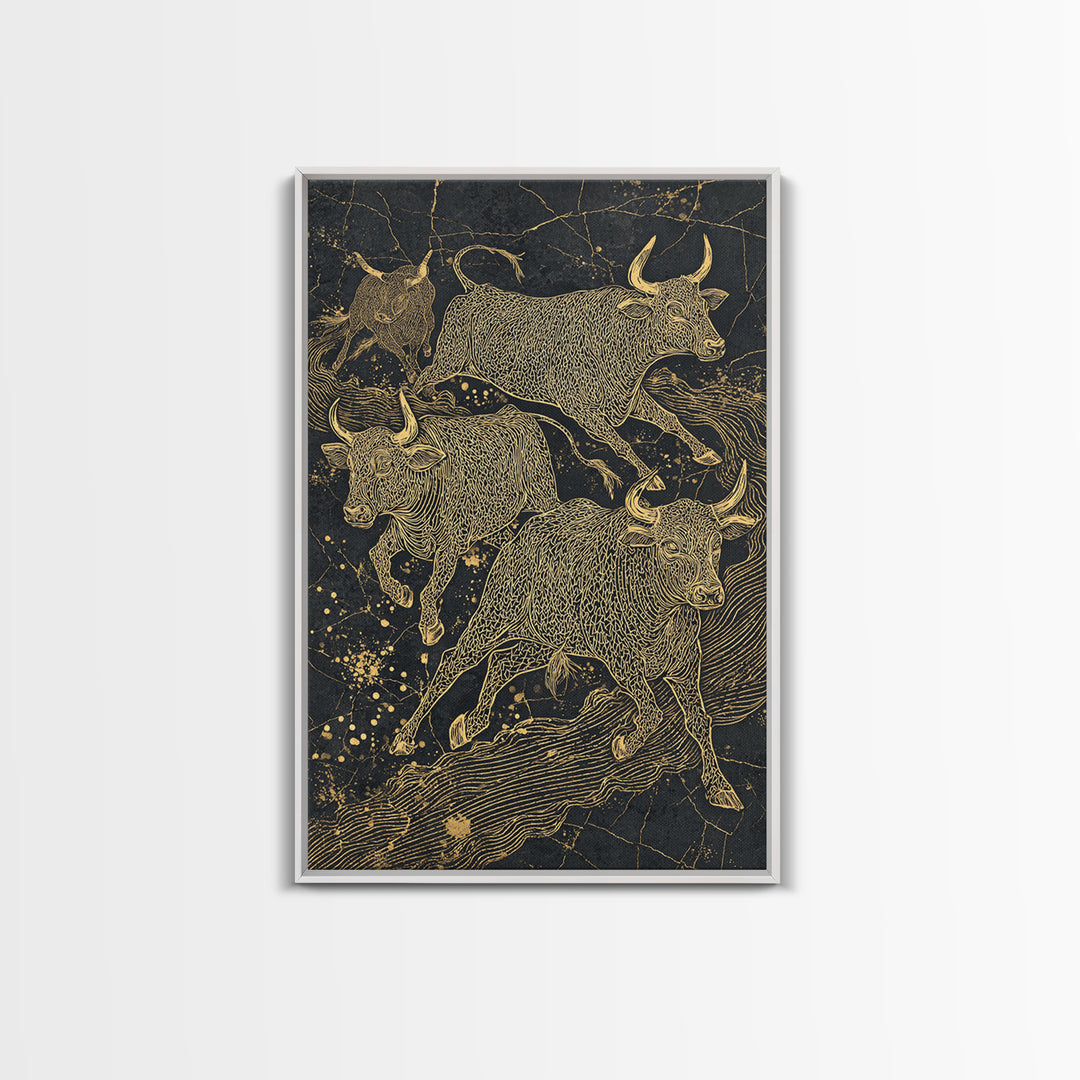 Gold Line Bulls On Black Wall Art, Modern Animal Canvas Print, Luxury Ranch Decor, Masculine Office Art, Bold Statement Piece