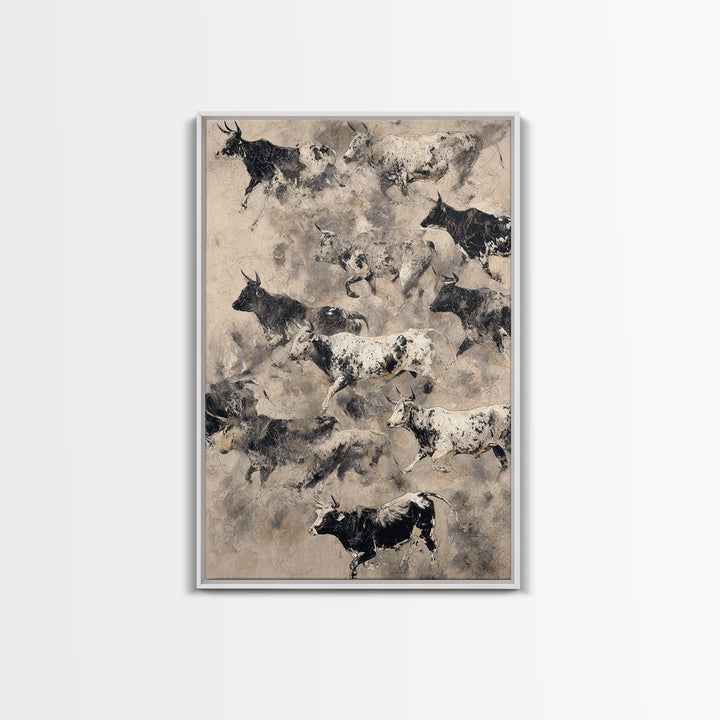 Monochrome Cattle Collage Wall Art, Abstract Animal Canvas Print, Rustic Neutral Decor, Black And White Art, Gallery Poster