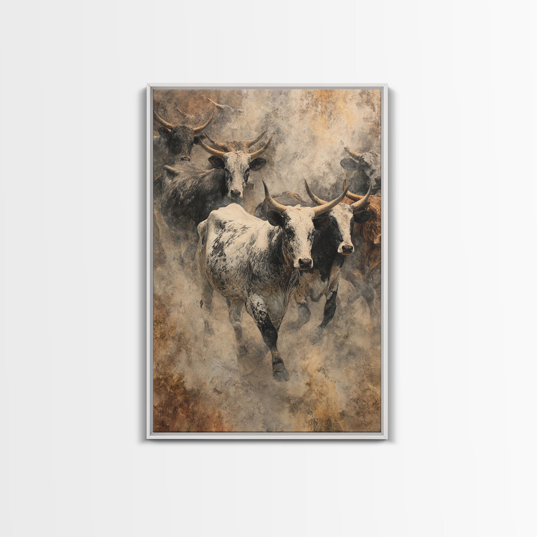 Dusty Longhorn Herd Framed Canvas Print, Western Bull Wall Art, Rustic Farmhouse Decor, Earth Tone Living Room Painting Gift