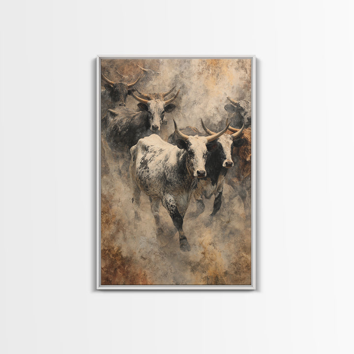 Dusty Longhorn Herd Framed Canvas Print, Western Bull Wall Art, Rustic Farmhouse Decor, Earth Tone Living Room Painting Gift