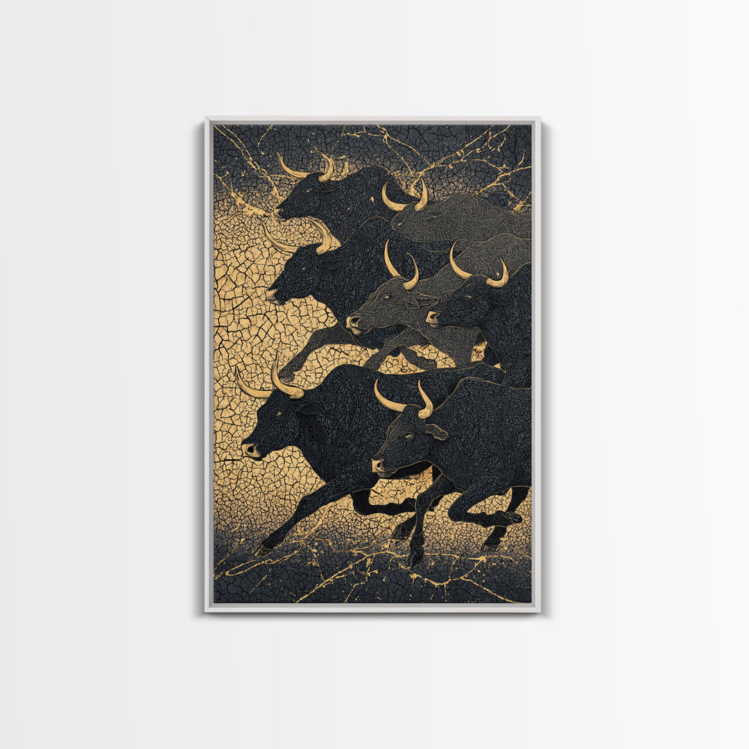 Black And Gold Bull Herd Canvas Print, Dramatic Animal Wall Art, Luxury Ranch Decor, Masculine Office Art, Statement Piece