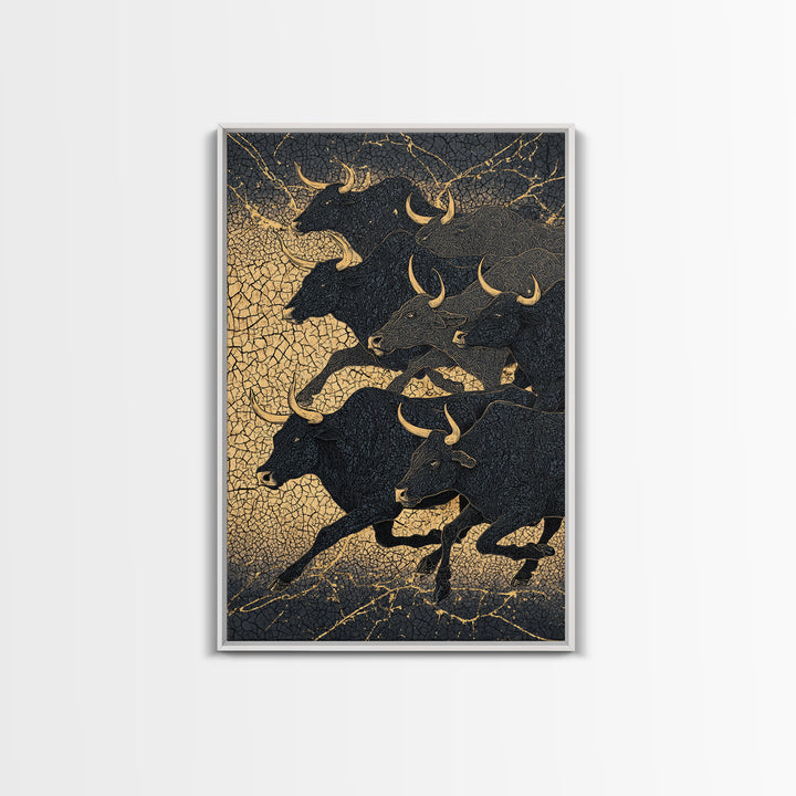 Black And Gold Bull Herd Canvas Print, Dramatic Animal Wall Art, Luxury Ranch Decor, Masculine Office Art, Statement Piece
