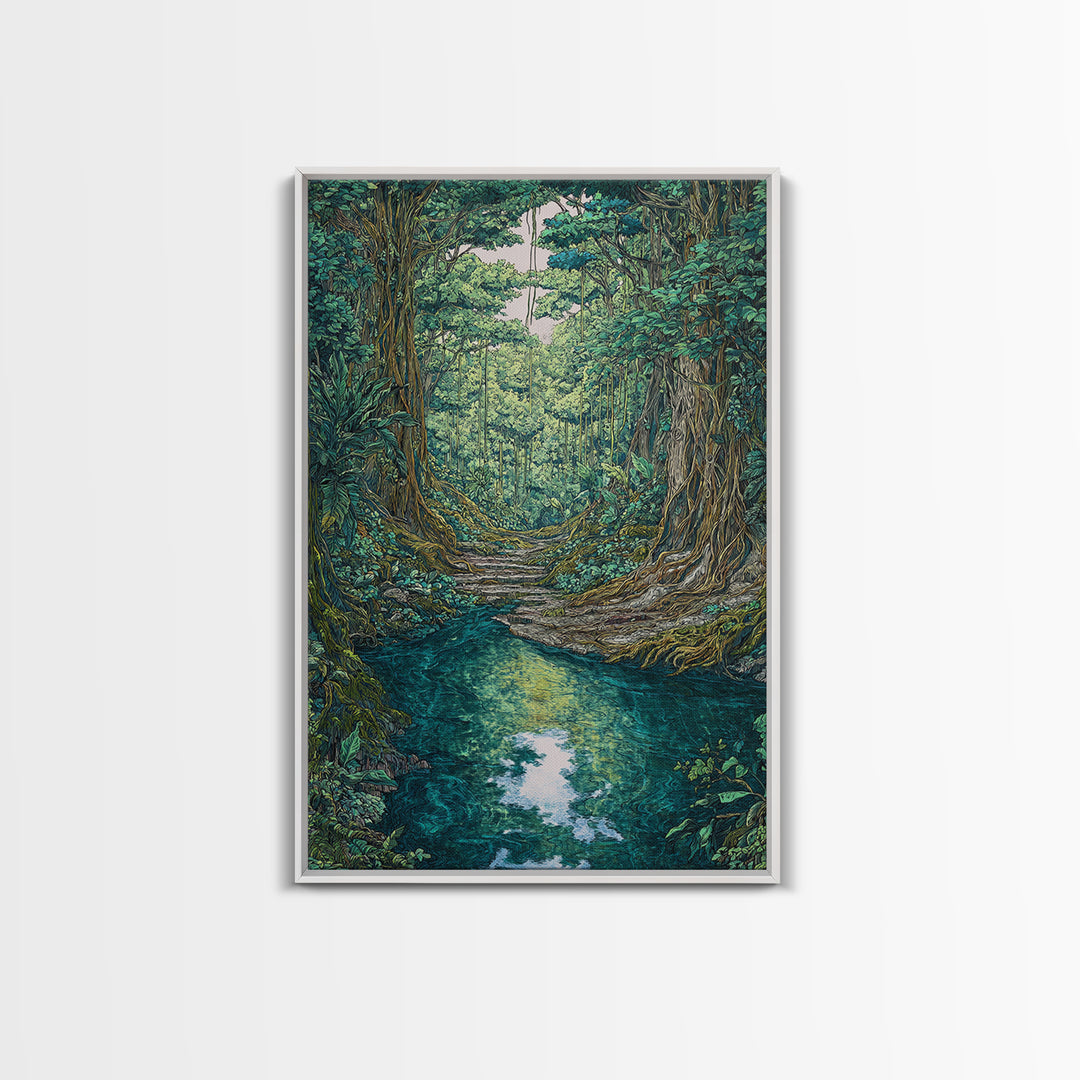 Rainforest River Path Framed Canvas Print, Ancient Jungle Roots, Green Nature Scene Art, Boho Wall Decor, Unique Home Decor