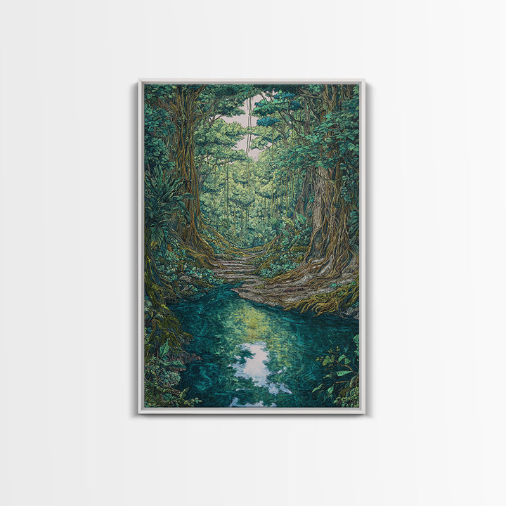 Rainforest River Path Framed Canvas Print, Ancient Jungle Roots, Green Nature Scene Art, Boho Wall Decor, Unique Home Decor