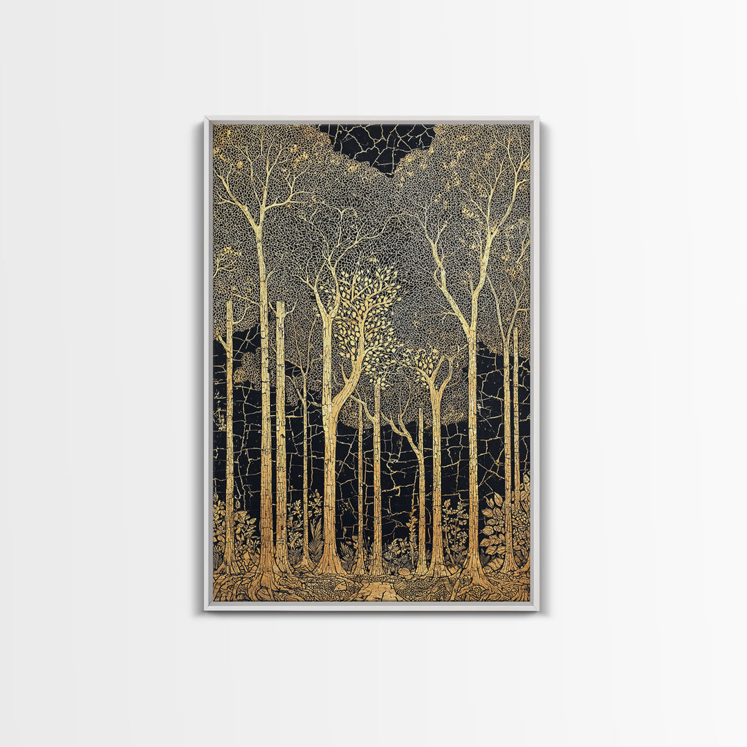 Black And Gold Forest Wall Art, Tall Tree Line Illustration, Abstract Nature Pattern, Elegant Home Decor, Luxury Art Print