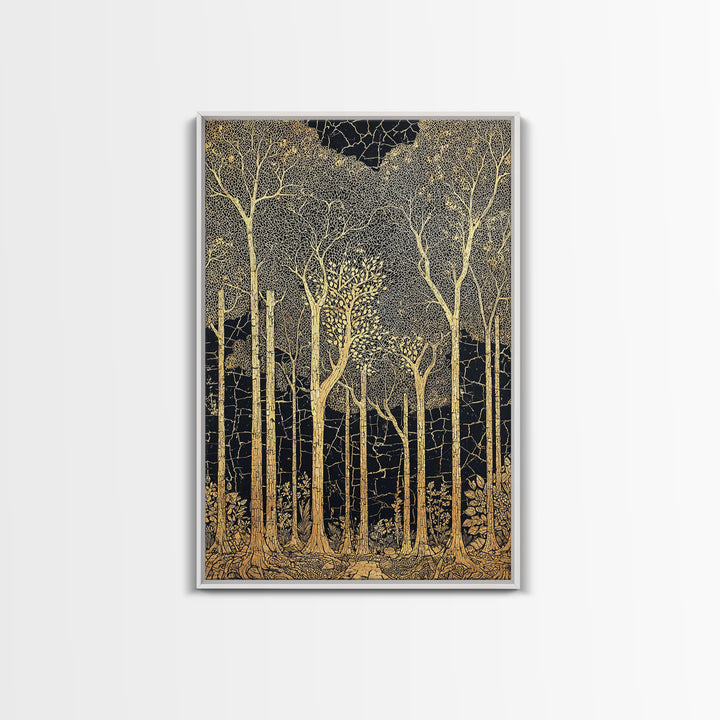 Black And Gold Forest Wall Art, Tall Tree Line Illustration, Abstract Nature Pattern, Elegant Home Decor, Luxury Art Print