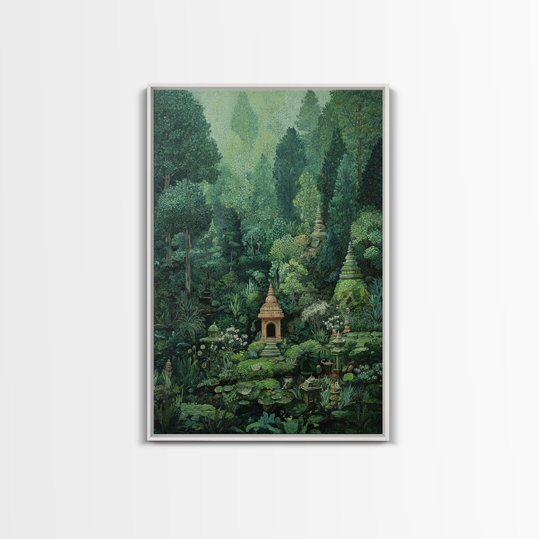 Secret Jungle Temple Garden Canvas Print, Lush Green Botanical Landscape, Spiritual Wall Art, Bohemian Decor Art, Living Room Decor