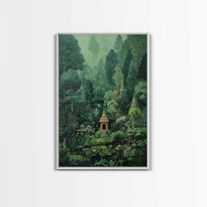 Secret Jungle Temple Garden Canvas Print, Lush Green Botanical Landscape, Spiritual Wall Art, Bohemian Decor Art, Living Room Decor