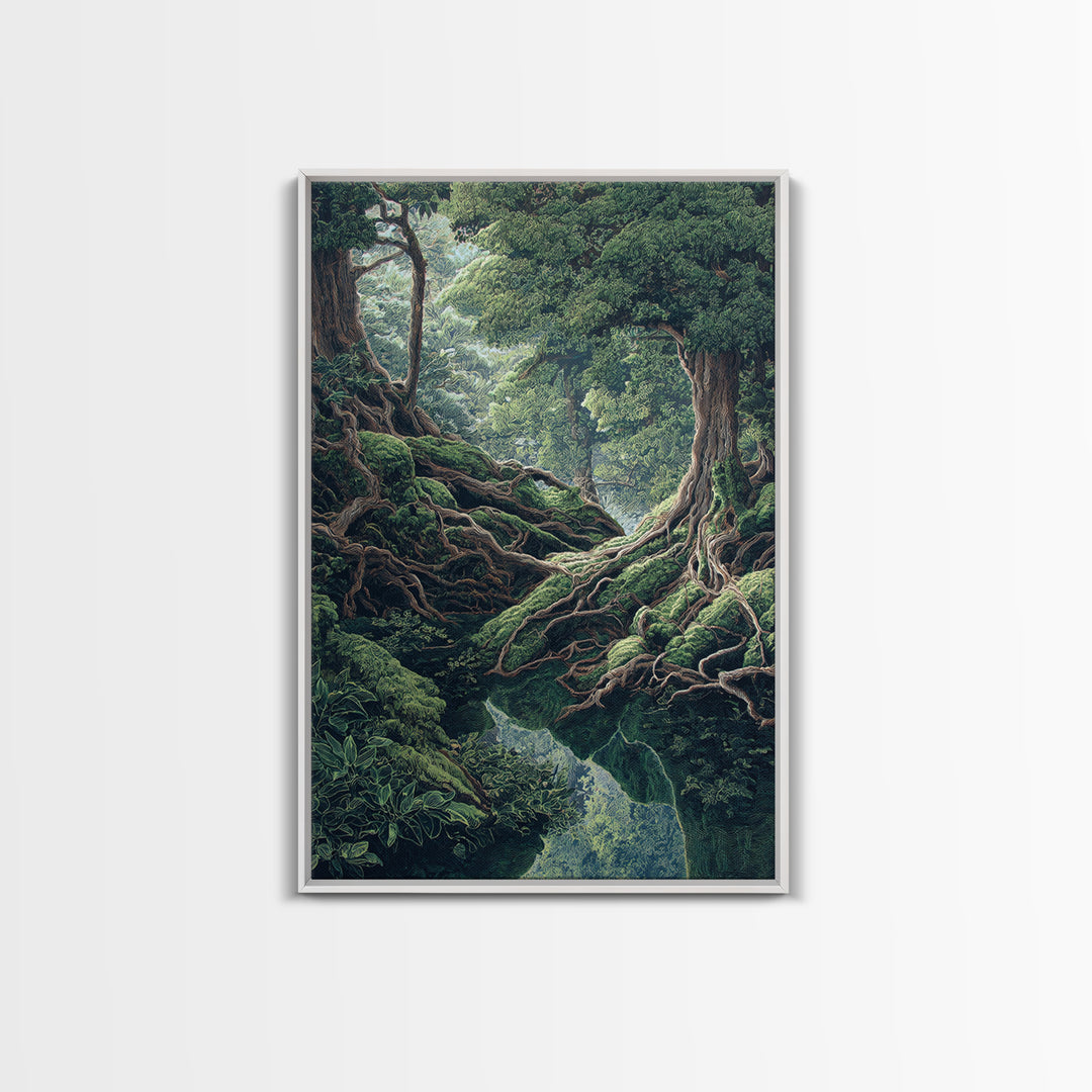 Ancient Forest Roots Wall Art, Mossy Green River Gorge, Mystical Nature Scene Art, Statement Wall Decor, Unique Canvas Print