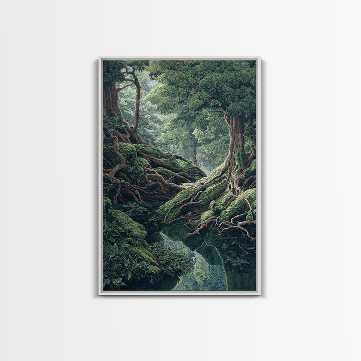 Ancient Forest Roots Wall Art, Mossy Green River Gorge, Mystical Nature Scene Art, Statement Wall Decor, Unique Canvas Print
