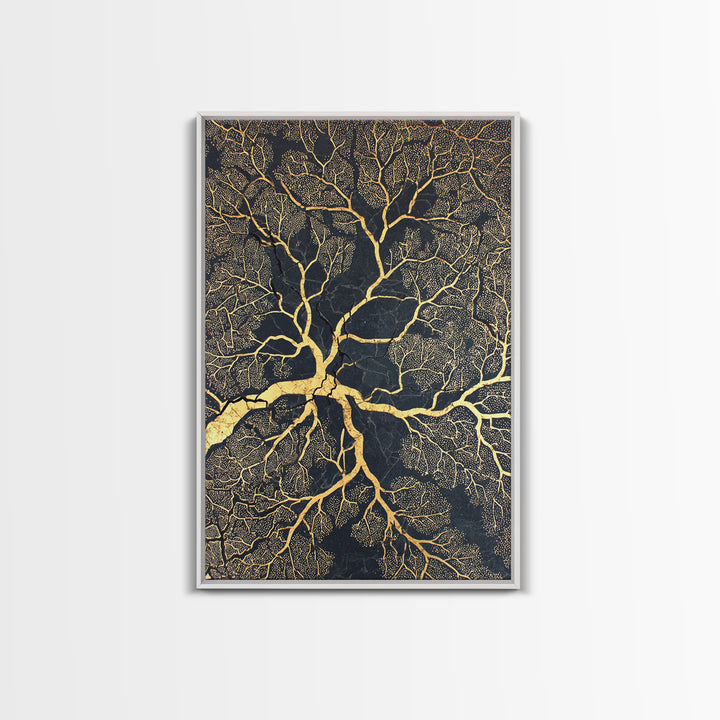 Black And Gold Branching Tree Wall Art, Abstract Root Network, Earth Tone Wall Decor, Luxury Art Print, Modern Canvas Art
