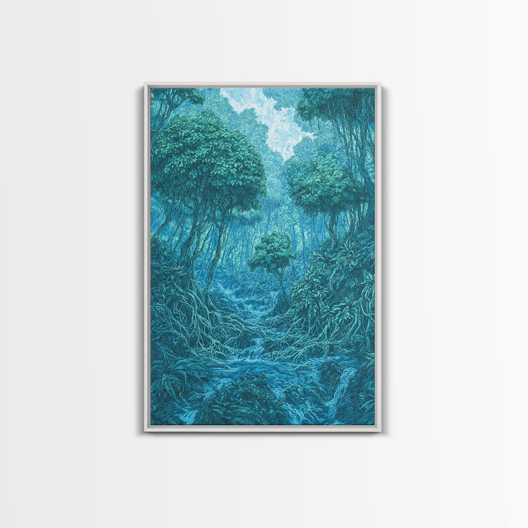 Blue Mystical Rainforest Stream Framed Canvas Print, Dreamy Jungle Wall Art, Teal Nature Scene, Spiritual Wall Decor Gift