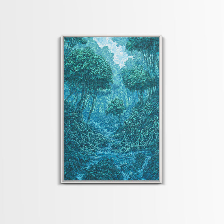 Blue Mystical Rainforest Stream Framed Canvas Print, Dreamy Jungle Wall Art, Teal Nature Scene, Spiritual Wall Decor Gift
