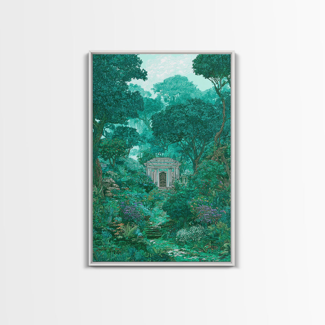 Hidden Garden Temple Path Canvas Print, Emerald Forest Landscape, Dreamy Nature Wall Decor, Botanical Living Room Art Gift