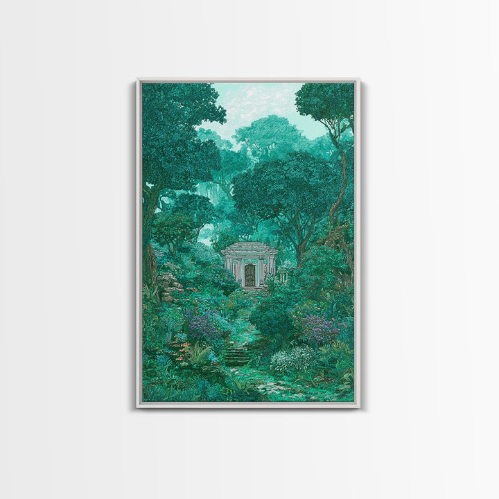 Hidden Garden Temple Path Canvas Print, Emerald Forest Landscape, Dreamy Nature Wall Decor, Botanical Living Room Art Gift
