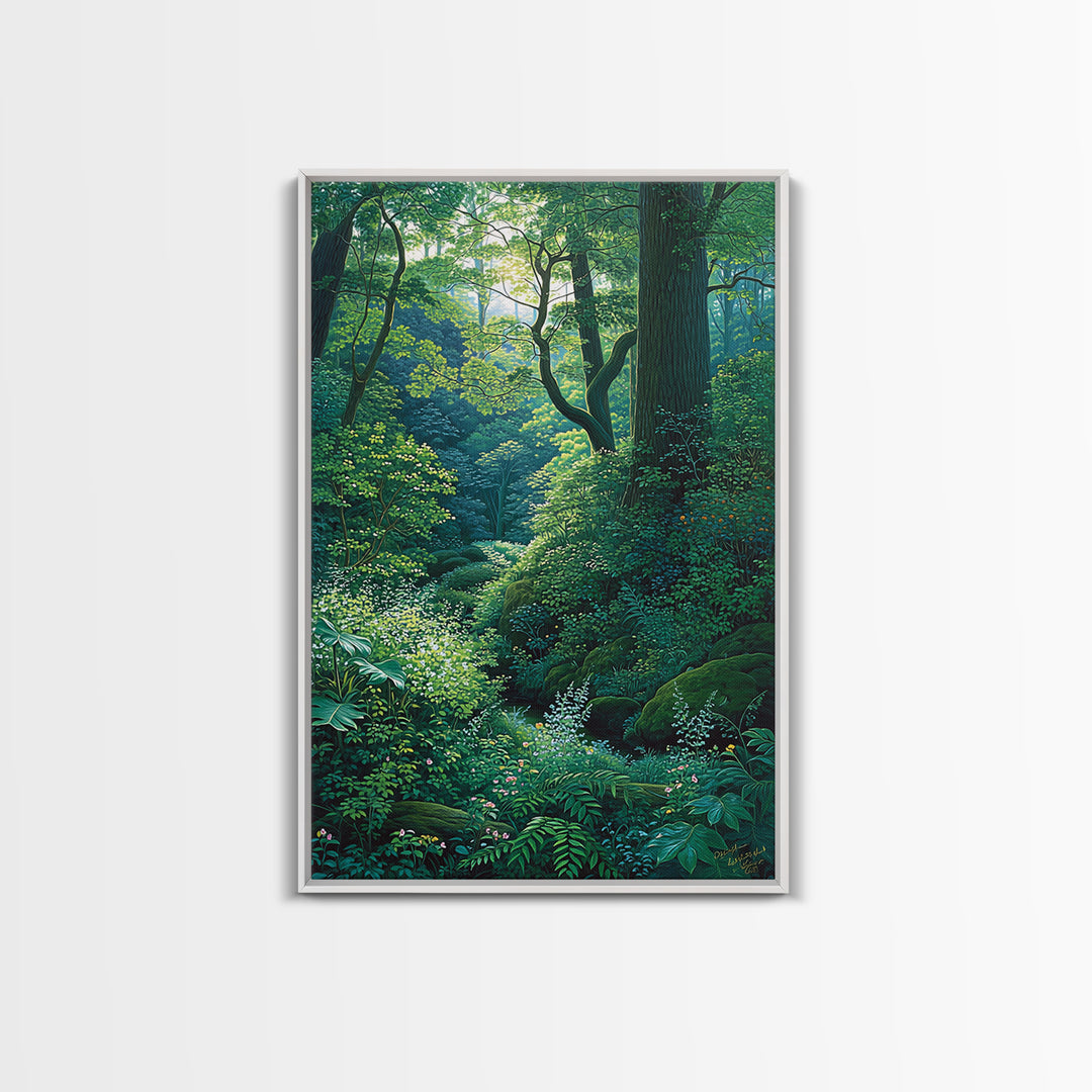 Sunlit Woodland Glade With Ferns Wall Art, Green Nature Scene Art, Dreamy Forest Decor, Botanical Bedroom Wall Decor Gift