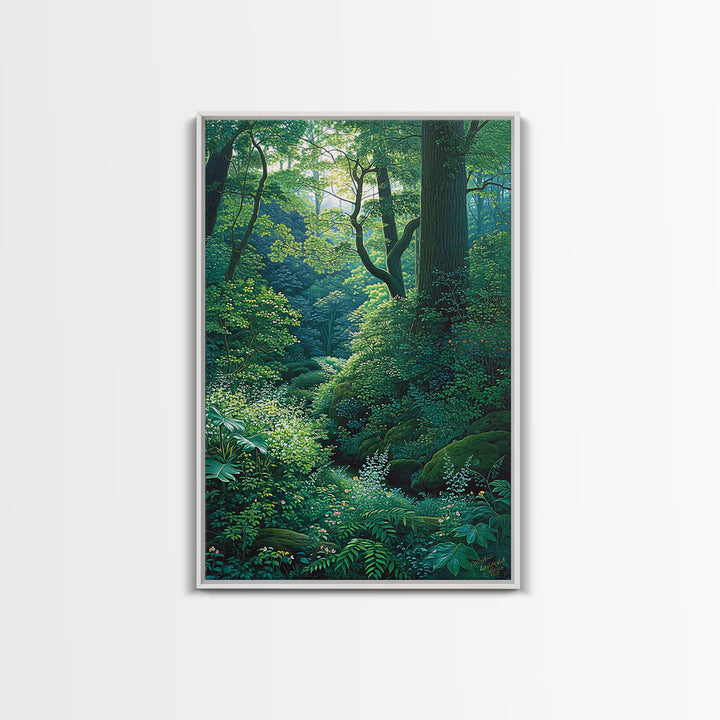 Sunlit Woodland Glade With Ferns Wall Art, Green Nature Scene Art, Dreamy Forest Decor, Botanical Bedroom Wall Decor Gift