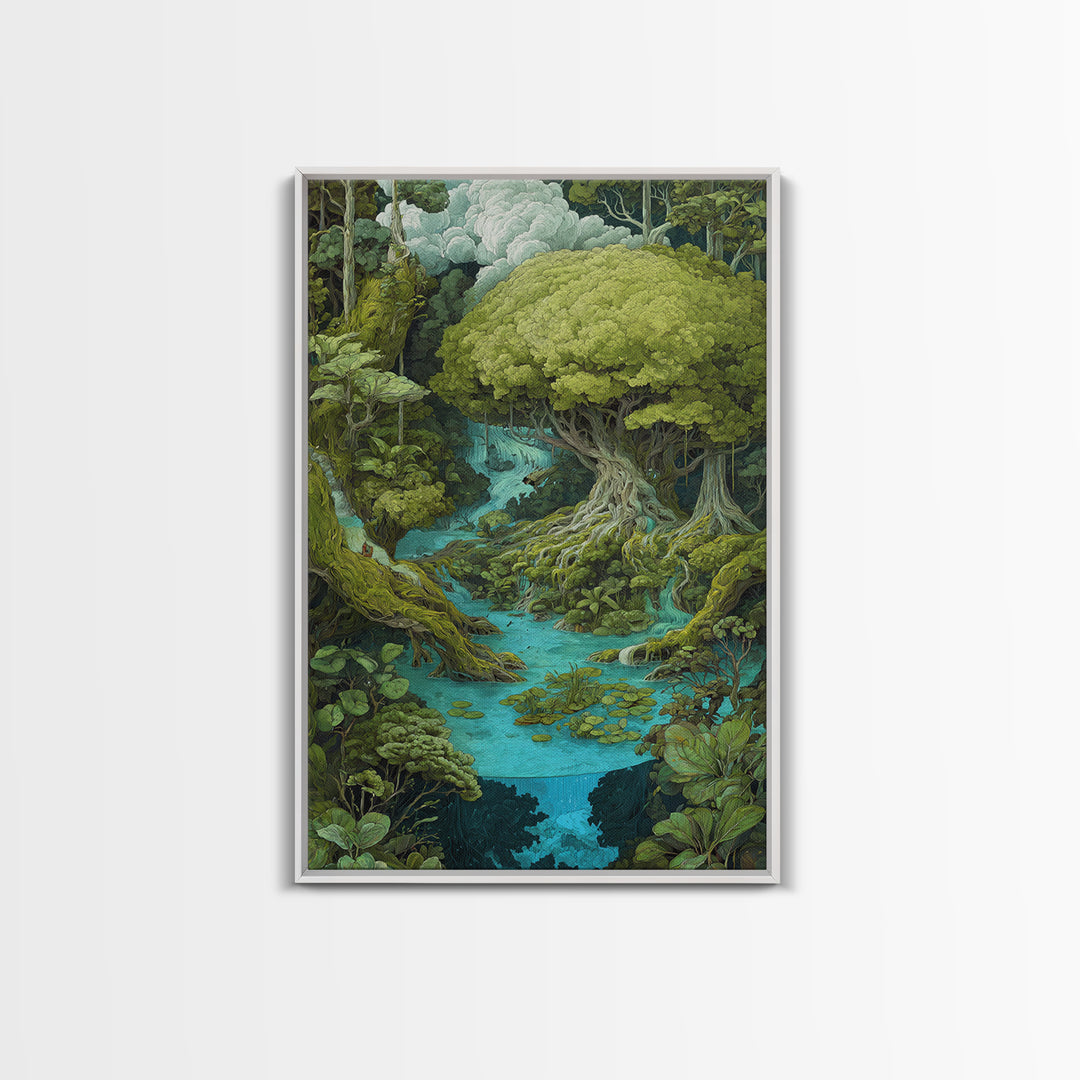 Ancient Banyan Over Turquoise River Painting Canvas Print, Fantasy Jungle Decor, Green Nature Wall Art, Unique Home Decor Gift