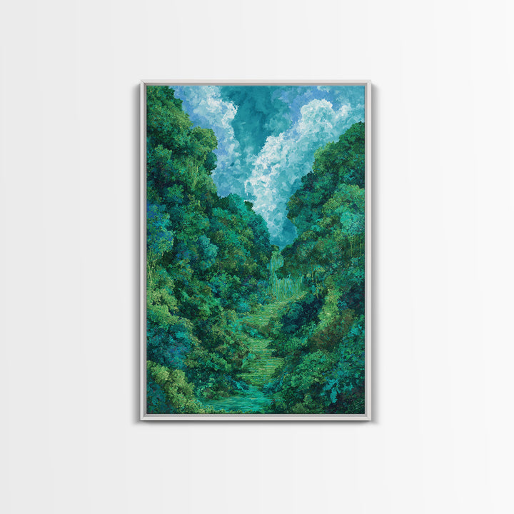 Turquoise Rainforest Valley With Waterfall Canvas Print, Lush Green Landscape, Nature Scene Art, Modern Wall Decor Art Gift