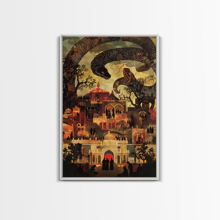 Enchanted Palace With Giant Serpent Wall Art, Mystical Travel Decor, Indian Decor, Fantasy City Canvas Style Art Print Gift