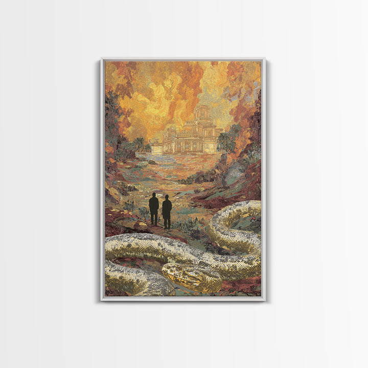 Golden Ruins With Giant Serpent Canvas Print, Surreal Fantasy Landscape Wall Art, Burnt Orange Art, Statement Home Decor Gift