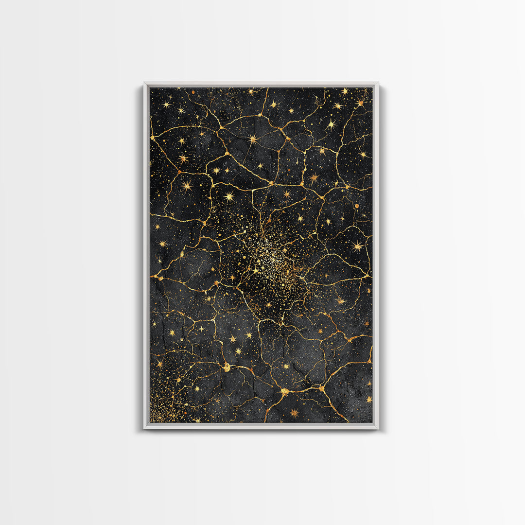 Black Gold Celestial Marble Stars Wall Art, Abstract African Inspired Cosmic Decor, Luxury Canvas Print For Modern Home Decor