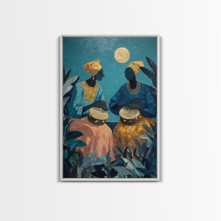Two African Women Drumming Under Moon Wall Art, Afrocentric Canvas Print, Teal Jungle Decor, Cultural Home Decor Gift For Living Room