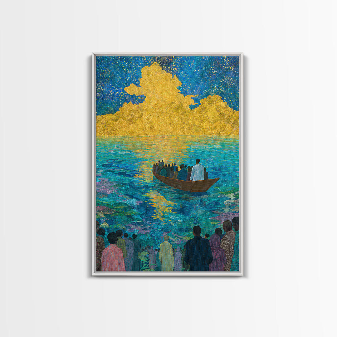 Boat Crossing Turquoise Water To Golden Clouds Wall Art, African Landscape Canvas Print, Spiritual Travel Decor Gift For Home