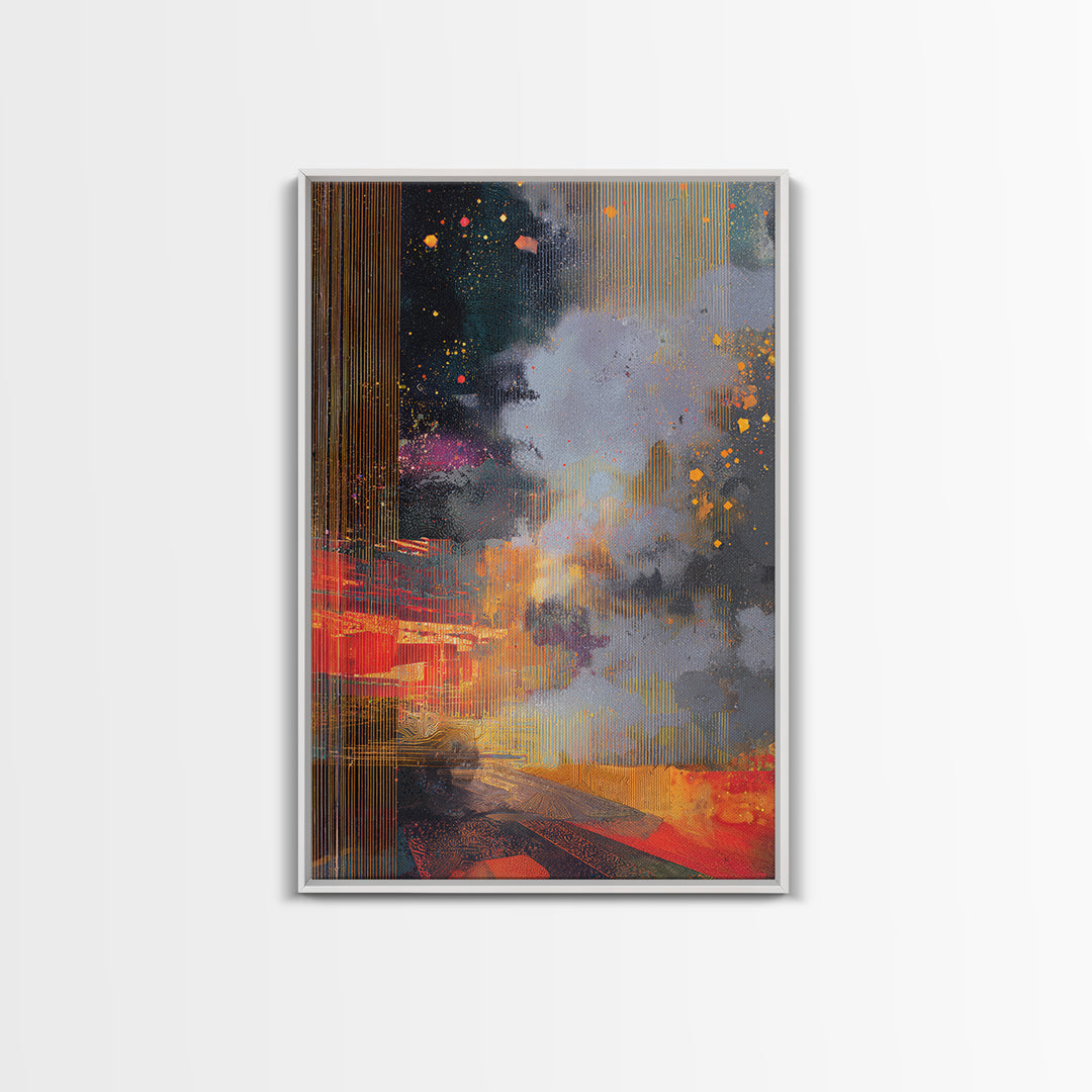 Abstract Gold Rain City Cosmos Wall Art, Modern African Inspired Canvas Print, Bold Red Orange Office Decor For Living Room