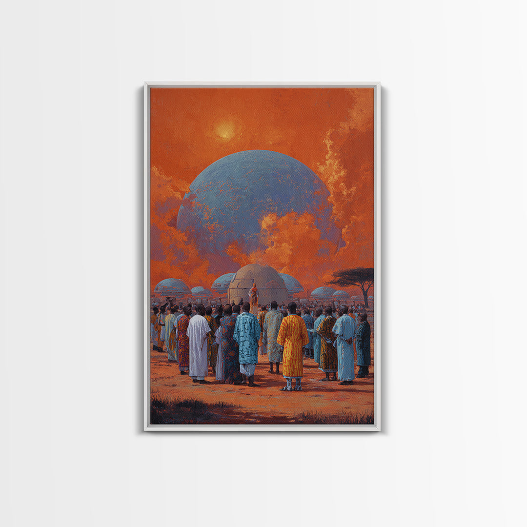Afrofuturist Gathering Beneath Blue Planet Wall Art, African Culture Canvas Print, Orange Sky Village Home Decor Gift For Her