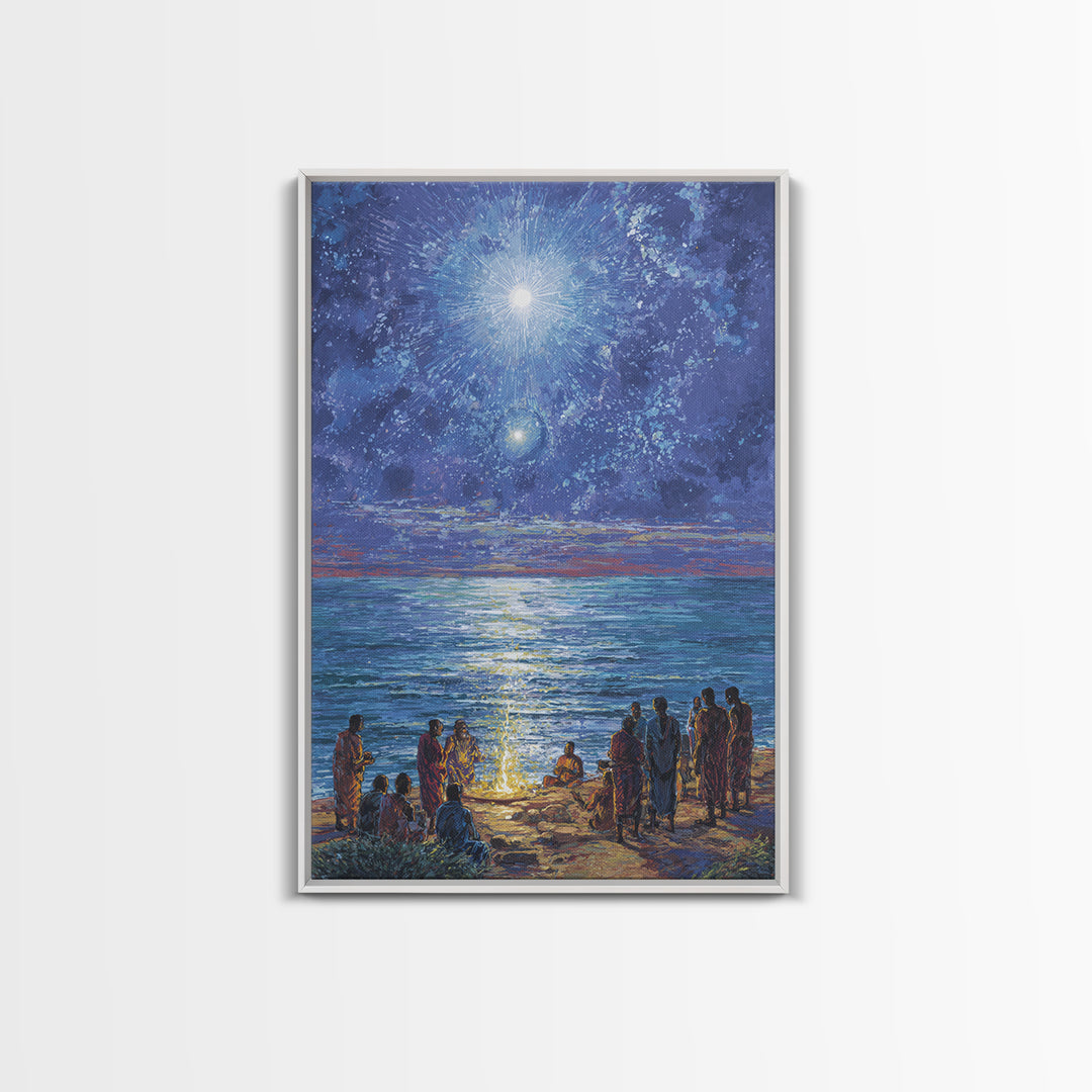 Moonlit Ocean Gathering At Shore Wall Art, African People Canvas Print, Blue Spiritual Nature Scene Decor For Living Room