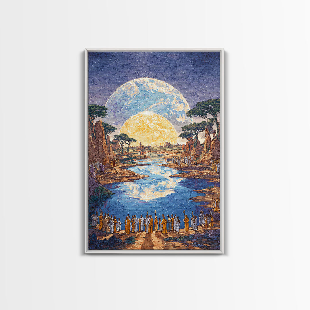 Sacred River Valley With Twin Moons Wall Art, African Landscape Canvas Print, Safari Inspired Cultural Home Decor Gift For Him