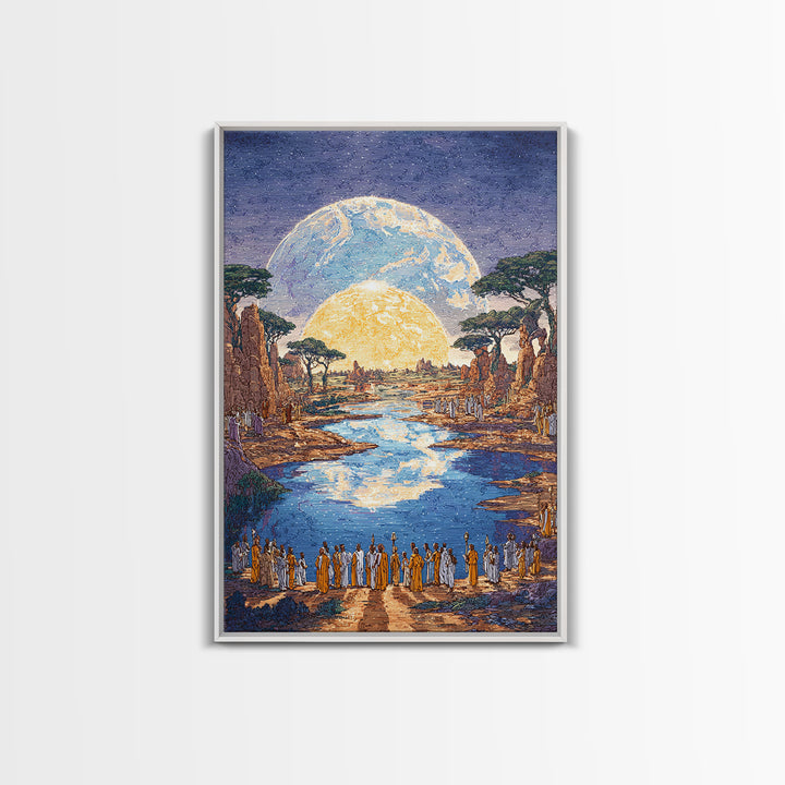 Sacred River Valley With Twin Moons Wall Art, African Landscape Canvas Print, Safari Inspired Cultural Home Decor Gift For Him