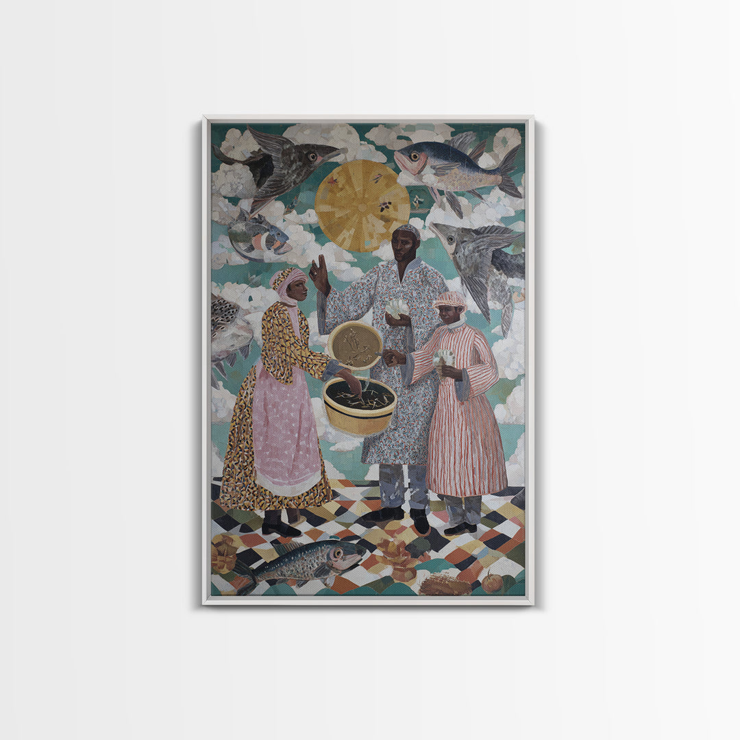 Surreal Fish Sky Ceremony With Family Wall Art, African Culture Canvas Print, Whimsical Kitchen Decor And Unique Gift For Home
