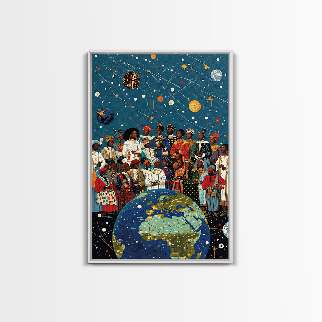 African Diaspora Under Celestial Orbits Wall Art, Afrocentric Canvas Print, Black Culture Artwork And Earth Map Decor Gift