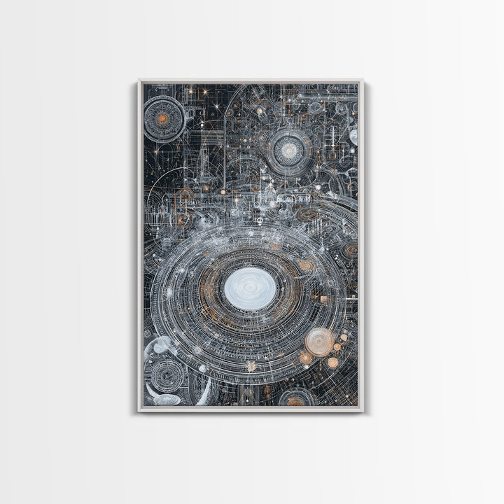 Futuristic Cosmic Circuit Mandala Canvas Print, Abstract Wall Art, Modern Office Decor, Geometric Sci Fi Galaxy Blueprint Digital Art