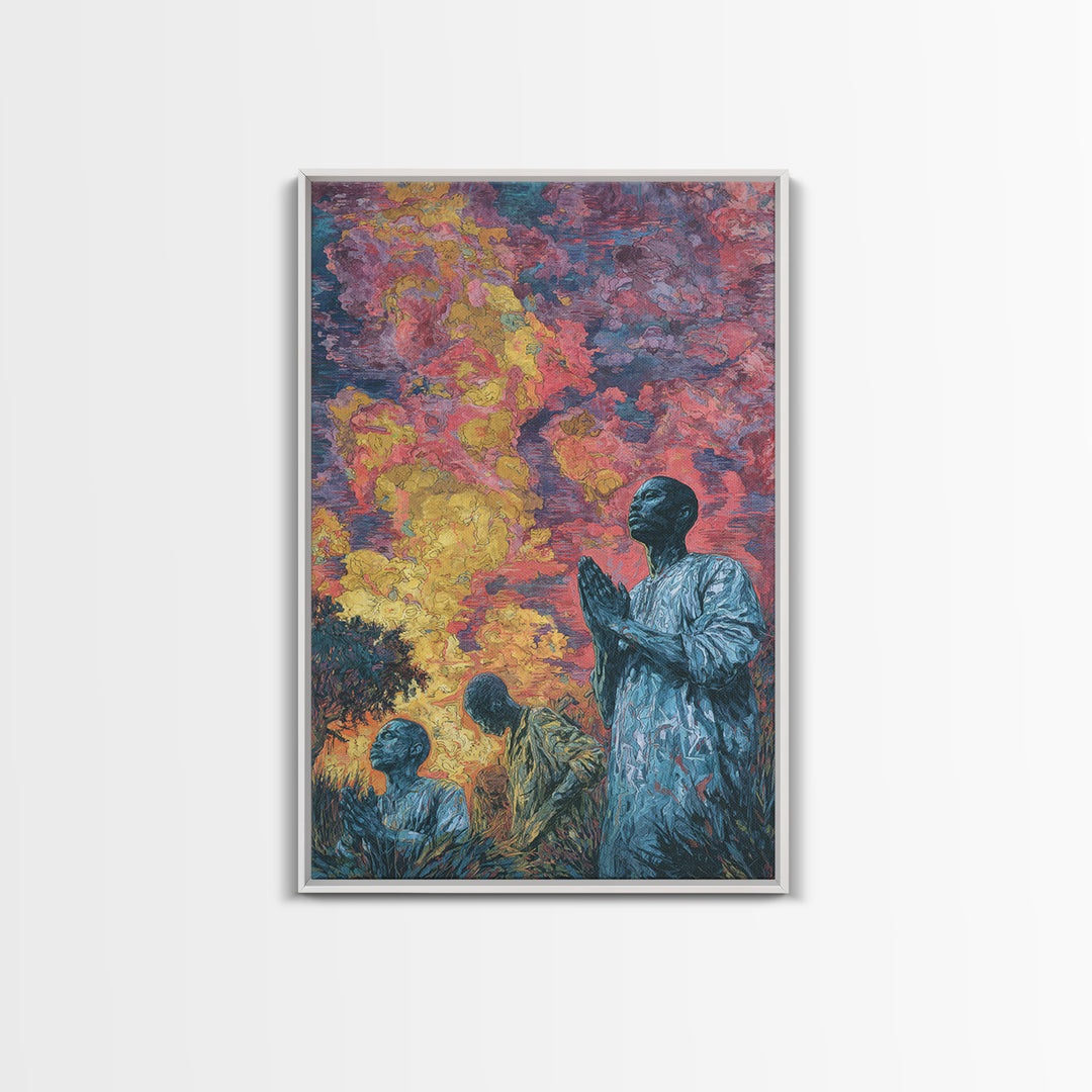 Praying African Men Beneath Fiery Sky Framed Canvas Print, Spiritual Wall Art, Black Culture Art, Meaningful Home Decor Gift