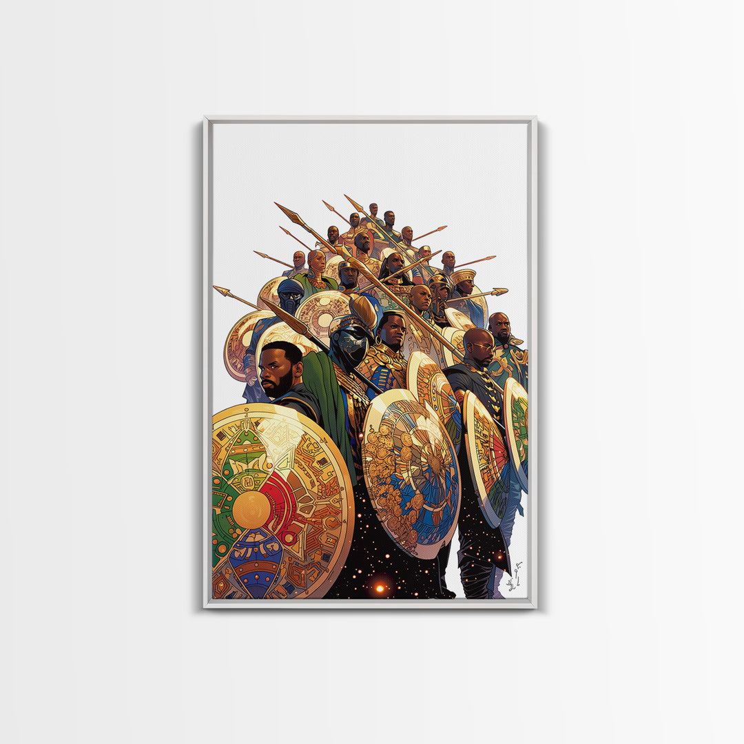 Regal African Warriors With Shields And Spears Canvas Print, African Warrior Art, Tribal Queen Art, Bold Cultural Wall Decor