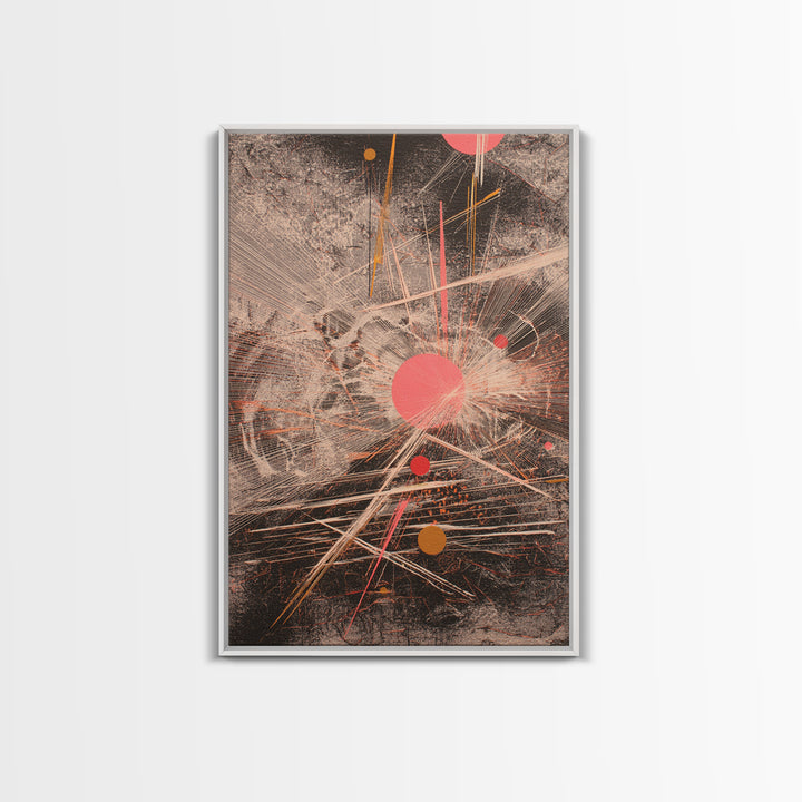 Coral Circles And Fine Lines Abstract Canvas Print, Geometric Wall Art, Modern Office Decor, Minimalist Black Art Gift For Her