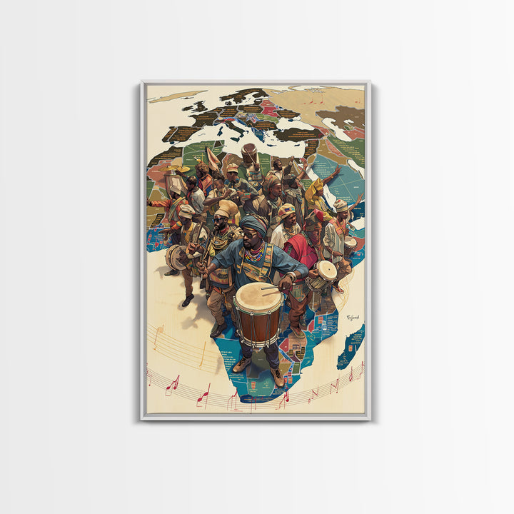 African Musicians Over Motherland Map Framed Canvas Print, African Culture Art, Afrocentric Wall Art, Vibrant Home Decor