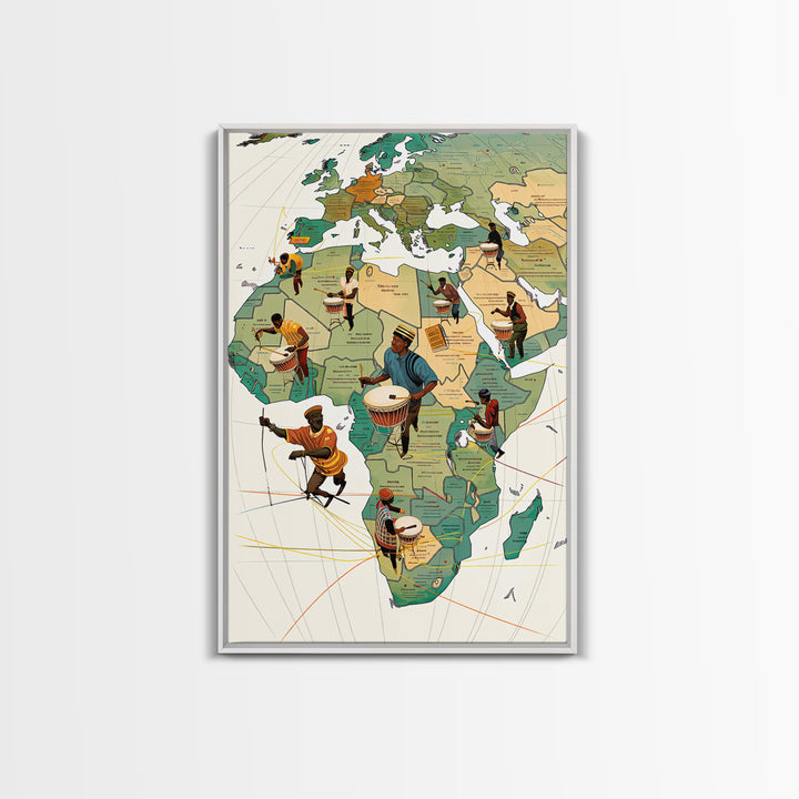 Drummers Across Africa And Europe Map Canvas Print, African Art Prints, Cultural Home Decor, Music Inspired Wall Decor Gift