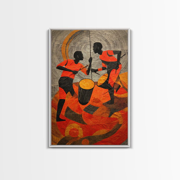 Two African Children Dancing With Drum Wall Art, Colorful African Art Print, Tribal Celebration Decor, Modern Afro Canvas