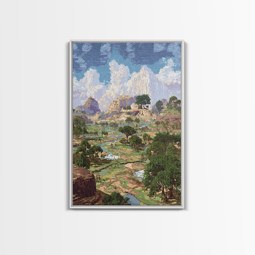 Ancient African Valley With River And Mountains Wall Art, Serengeti Landscape Print, Nature Scene Home Decor, Dreamy Canvas
