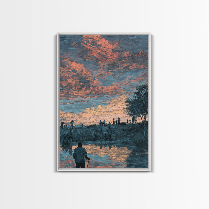 Pastoral African Sunset River Scene Canvas Print, Nature Wall Decor, Cultural Landscape Art, Earth Tone Living Room Decor