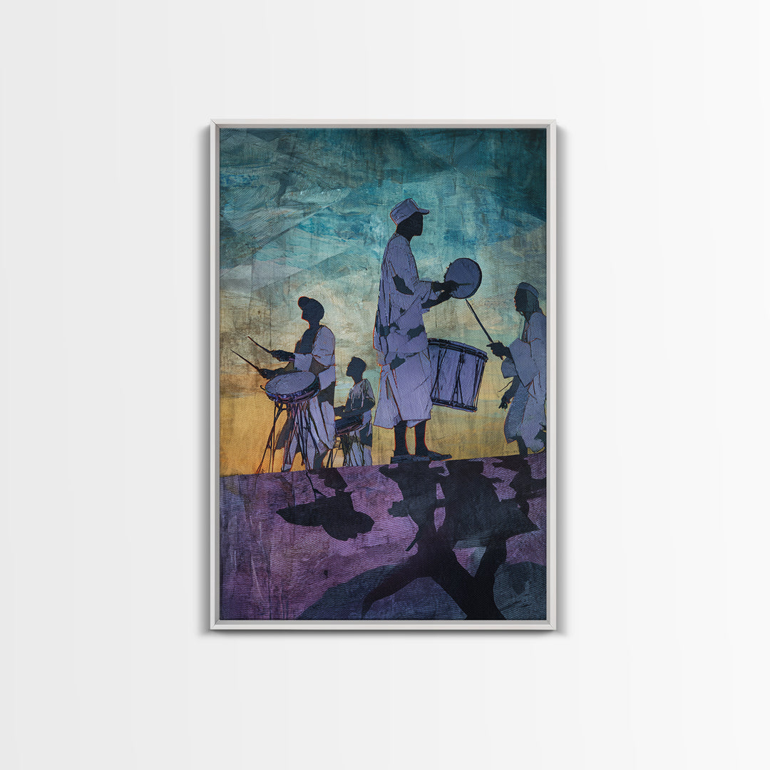 Silhouetted African Drummers At Twilight Framed Canvas Print, Afrocentric Wall Decor, Cultural Music Art, Tribal Home Decor