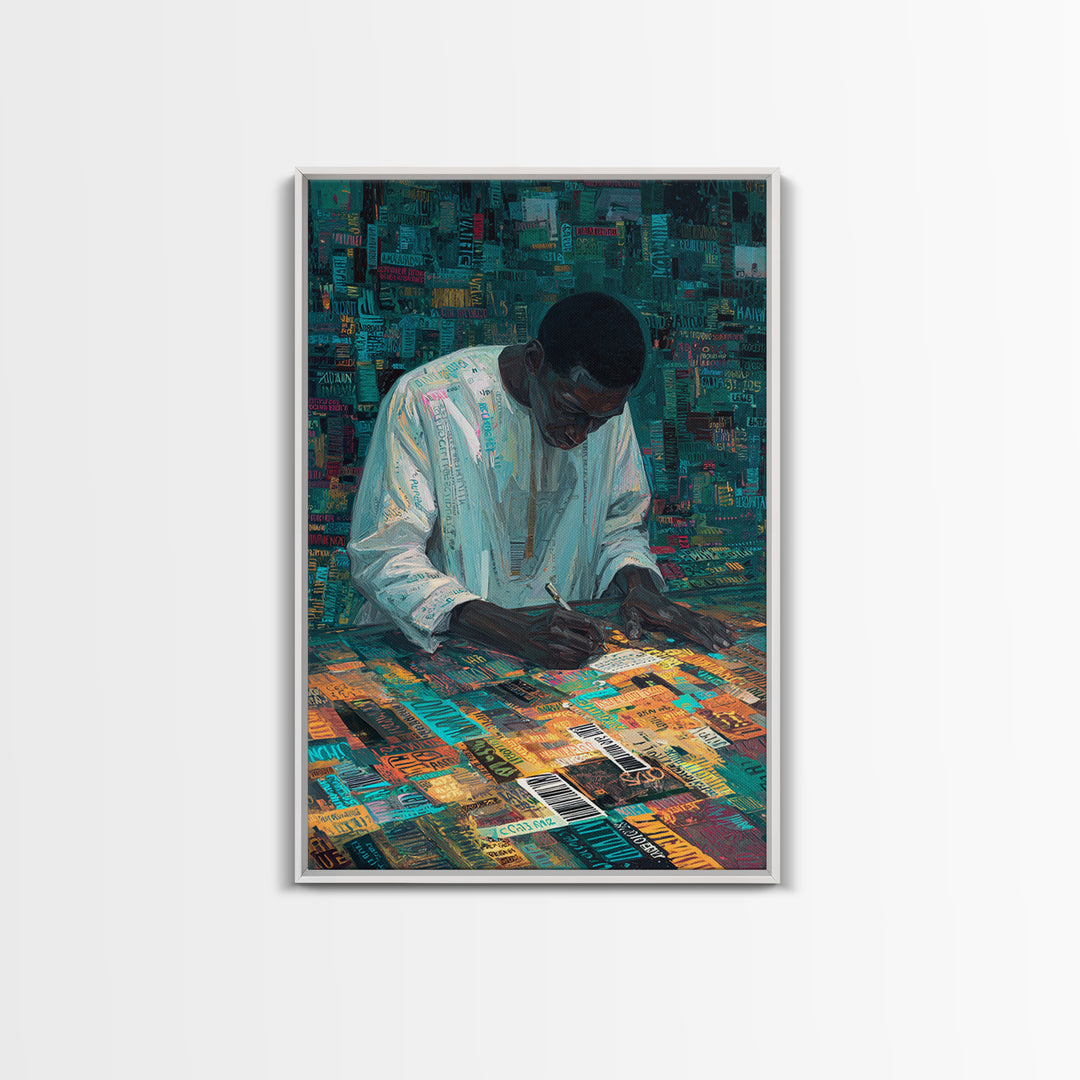 Focused Writer At Colorful Desk Framed Canvas Print, Black Man Wall Art, African American Art, Office Decor, Creative Gift