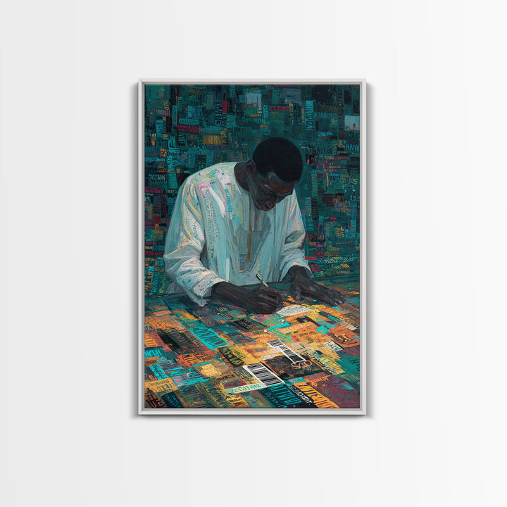 Focused Writer At Colorful Desk Framed Canvas Print, Black Man Wall Art, African American Art, Office Decor, Creative Gift