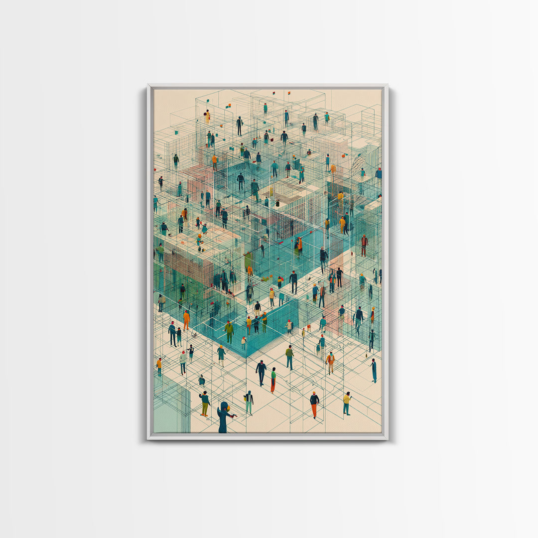 Isometric People In Wireframe City Wall Art, Modern Geometric Canvas Print, Abstract Urban Network, Unique Office Decor, Tech Inspired