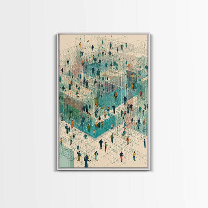 Isometric People In Wireframe City Wall Art, Modern Geometric Canvas Print, Abstract Urban Network, Unique Office Decor, Tech Inspired