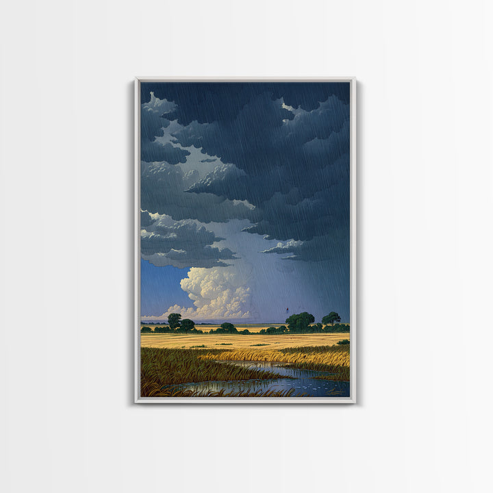Dark Storm Clouds Over Golden Field Wall Art, African Landscape Canvas Print, Moody Nature Scene, Rustic Living Room Decor